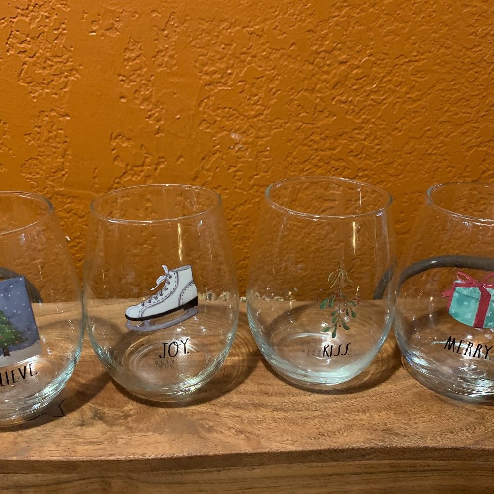 Christmas Rae Dunn Set of Four Stemless Wine Glasses